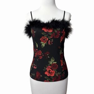 Ember Anthropologie Women's Floral Cami Top Size M Black Red Roses Feather Trim